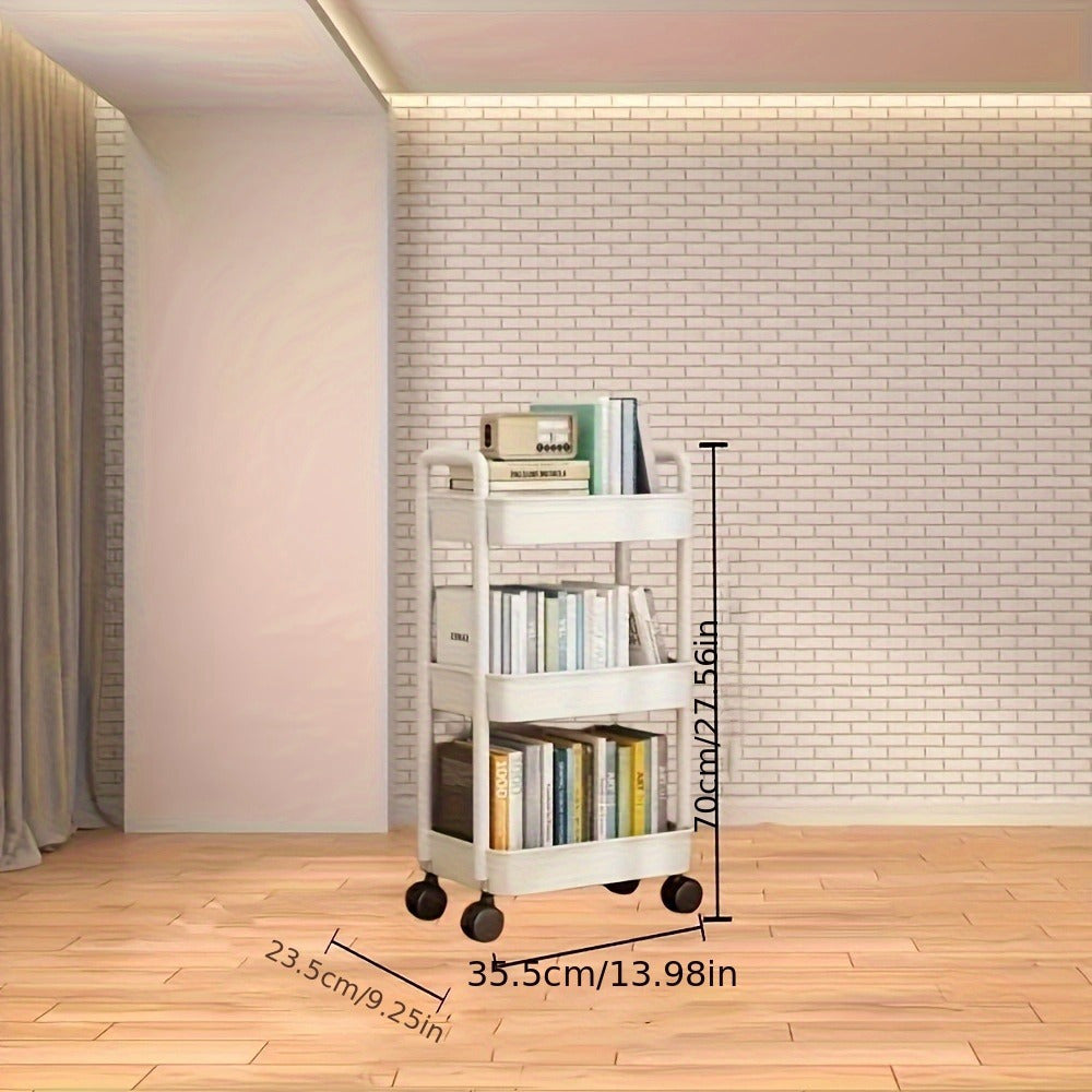 Multi-layer rolling storage cart for kitchen, bathroom, and bedroom. Made of lightweight white plastic.