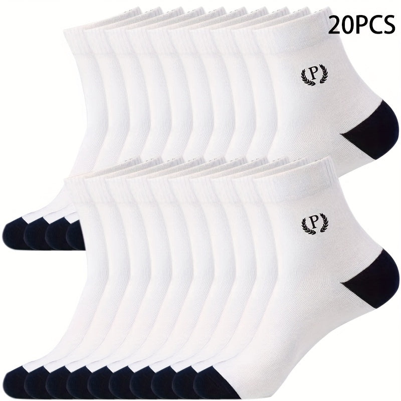 20 pairs of men's mid-calf socks in solid colors for sports and casual wear.