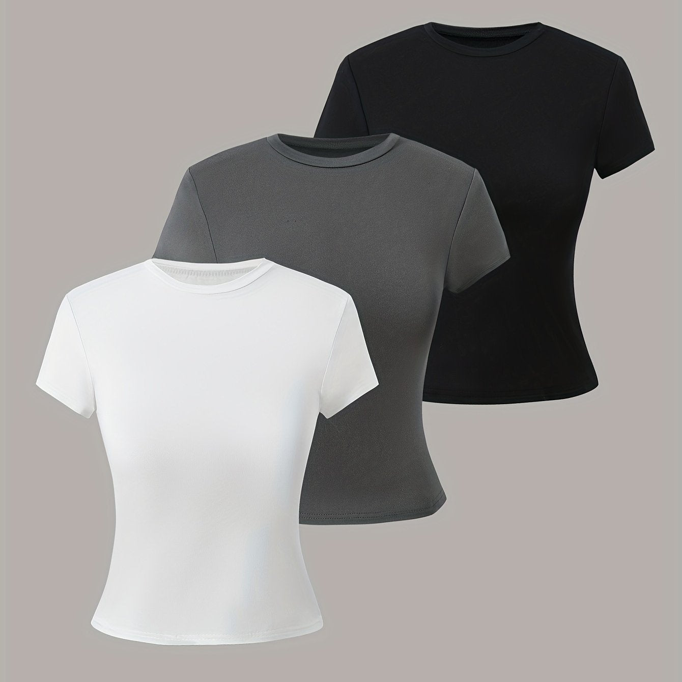 3 pack of girls' round neck short sleeve T-shirts, stylish and versatile tops.