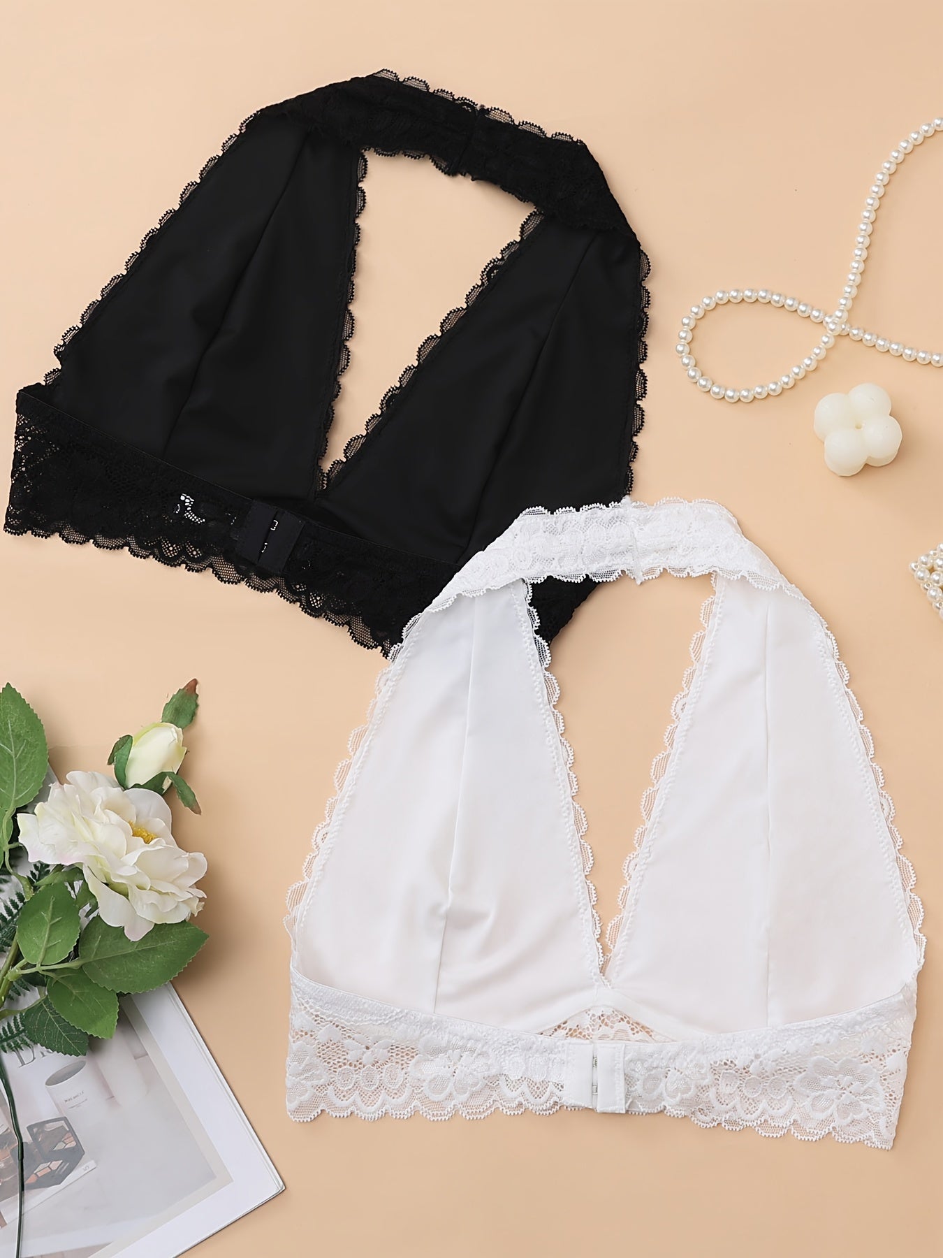 2 Solid Lace Halter Bras for Women, Comfortable and Breathable Lingerie.