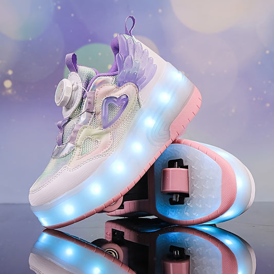 Breathable, durable, and stylish girls' light-up roller skates with rotating buckle closure.