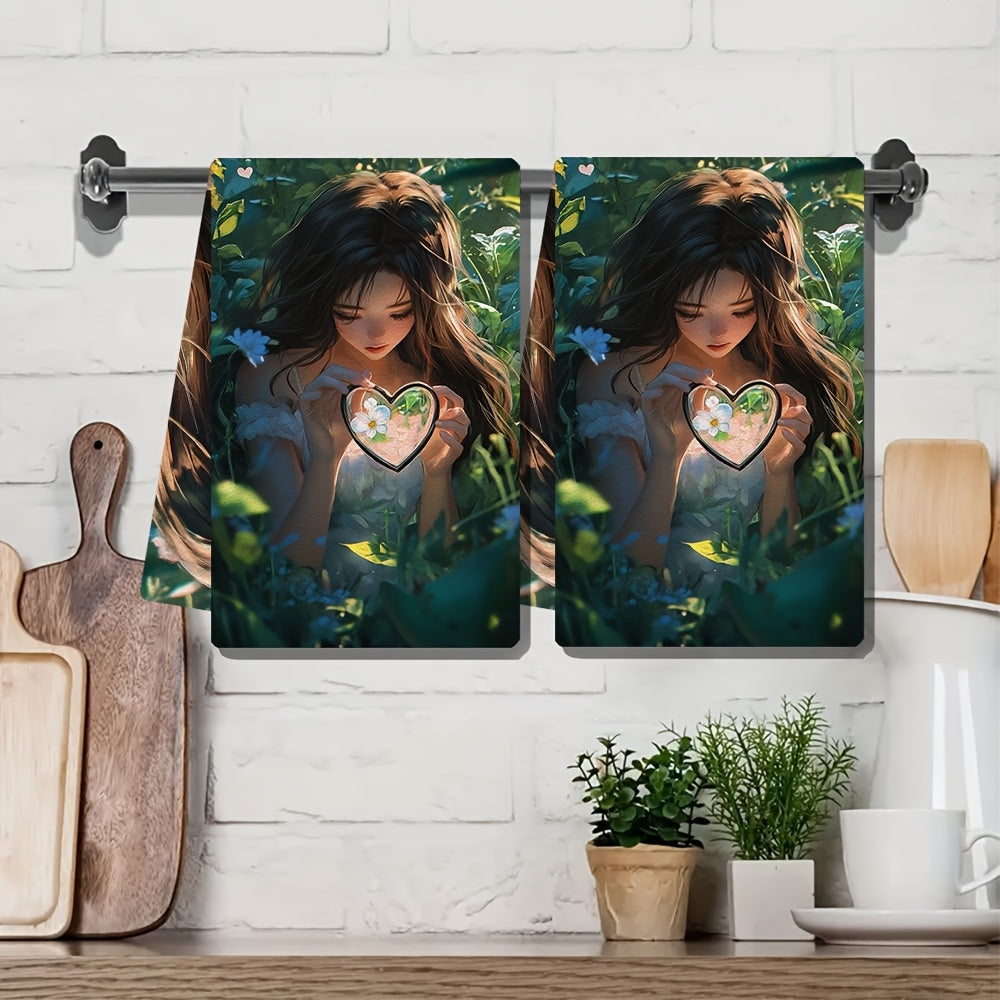 This set includes two ultra-soft kitchen towels featuring an anime girl with long brown hair holding a heart-shaped magnifying glass as she explores a garden. These highly absorbent dish towels are ideal for holiday decoration, can be machine washed, and