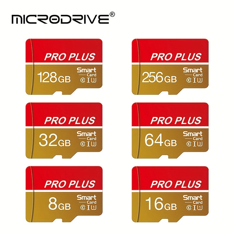 MICRODRIVE High-Speed Memory Card in Red & Gold, U3 Class 10, 8GB to 256GB, with SD Adapter. Perfect for Phones, Tablets, Cameras. Expands Device Memory. Gold Accents, Durable Design.