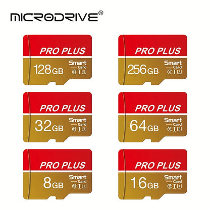 MICRODRIVE High-Speed Memory Card in Red & Gold, U3 Class 10, 8GB to 256GB, with SD Adapter. Perfect for Phones, Tablets, Cameras. Expands Device Memory. Gold Accents, Durable Design.