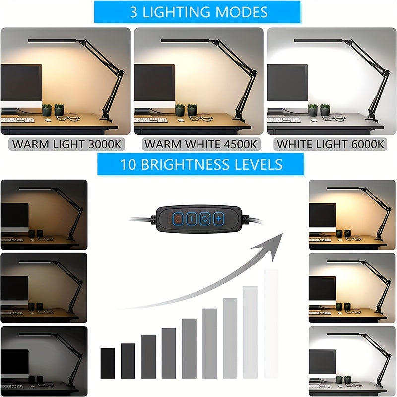 1pc LED desk lamp with 3 lighting modes, metal swing arm, clamp, 10 brightness levels, memory function, great for dorms, studios, and reading.