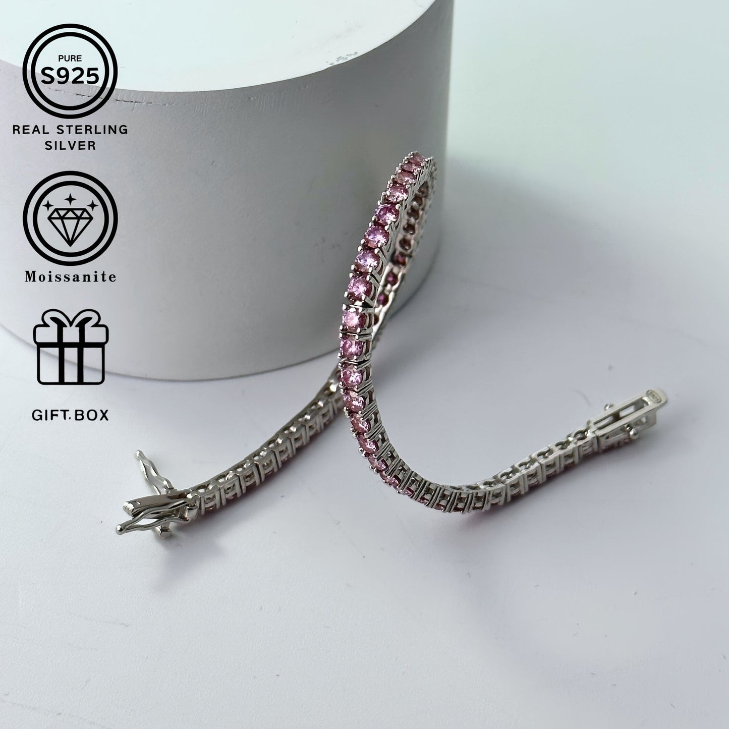 Gift this stunning S925 Silver Tennis Bracelet with a sparkling single stone in Pink/Purple/Blue Moissanite to men and women. Perfect for birthdays, Valentine's Day, weddings, and Christmas. Make brides feel extra special with this precious piece.