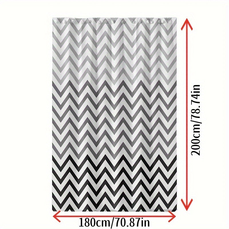 Chic black and white chevron shower curtain - waterproof, machine washable, includes hooks, ideal for any bathroom décor.