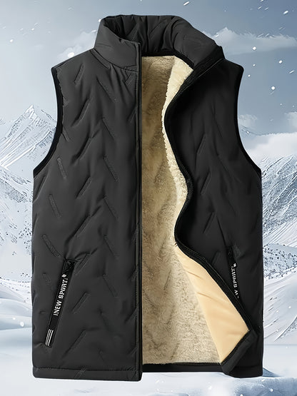 Men's Casual Sleeveless Vest made of 100% polyester fiber filled with stand collar, solid color, non-stretch fabric and pockets. Suitable for Fall/Winter outdoor wear.