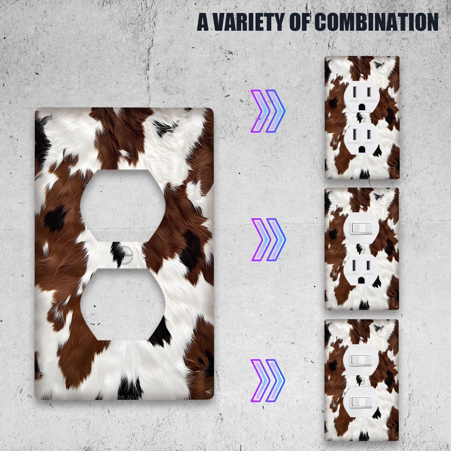 Western cow-print light switch cover for bedroom and bathroom walls, available in 1 or 2 gang sizes.