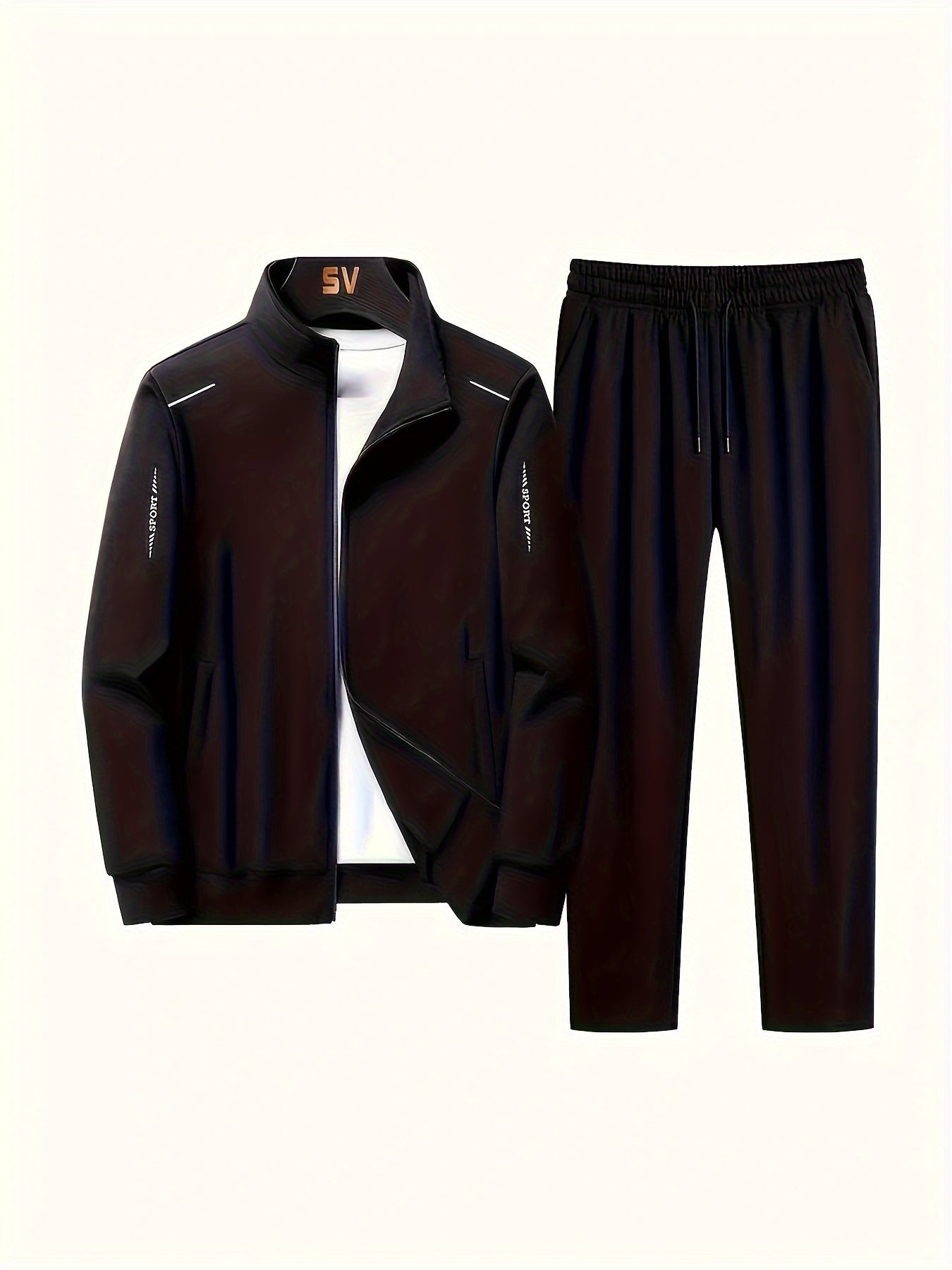 Men's Casual 2-piece Outfit for Fall/Winter: Solid Color Zip Jacket & Drawstring Pants