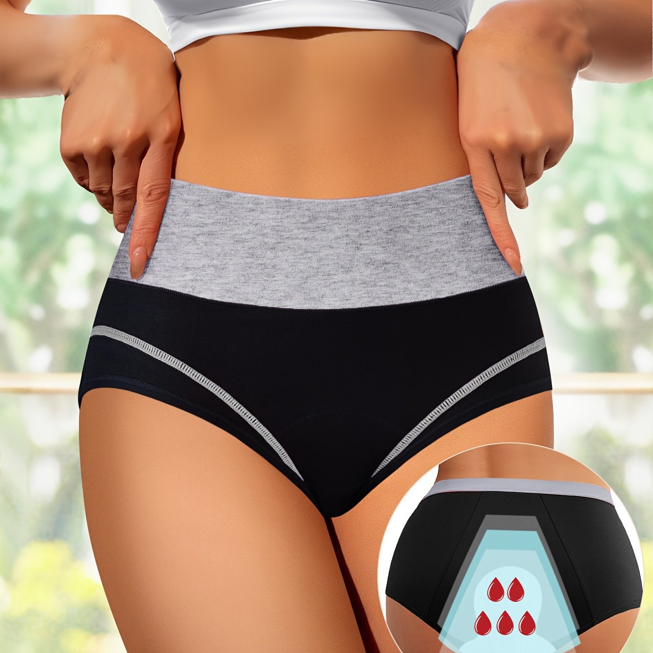 Triple-layer leakproof panties with wide waistband for women.