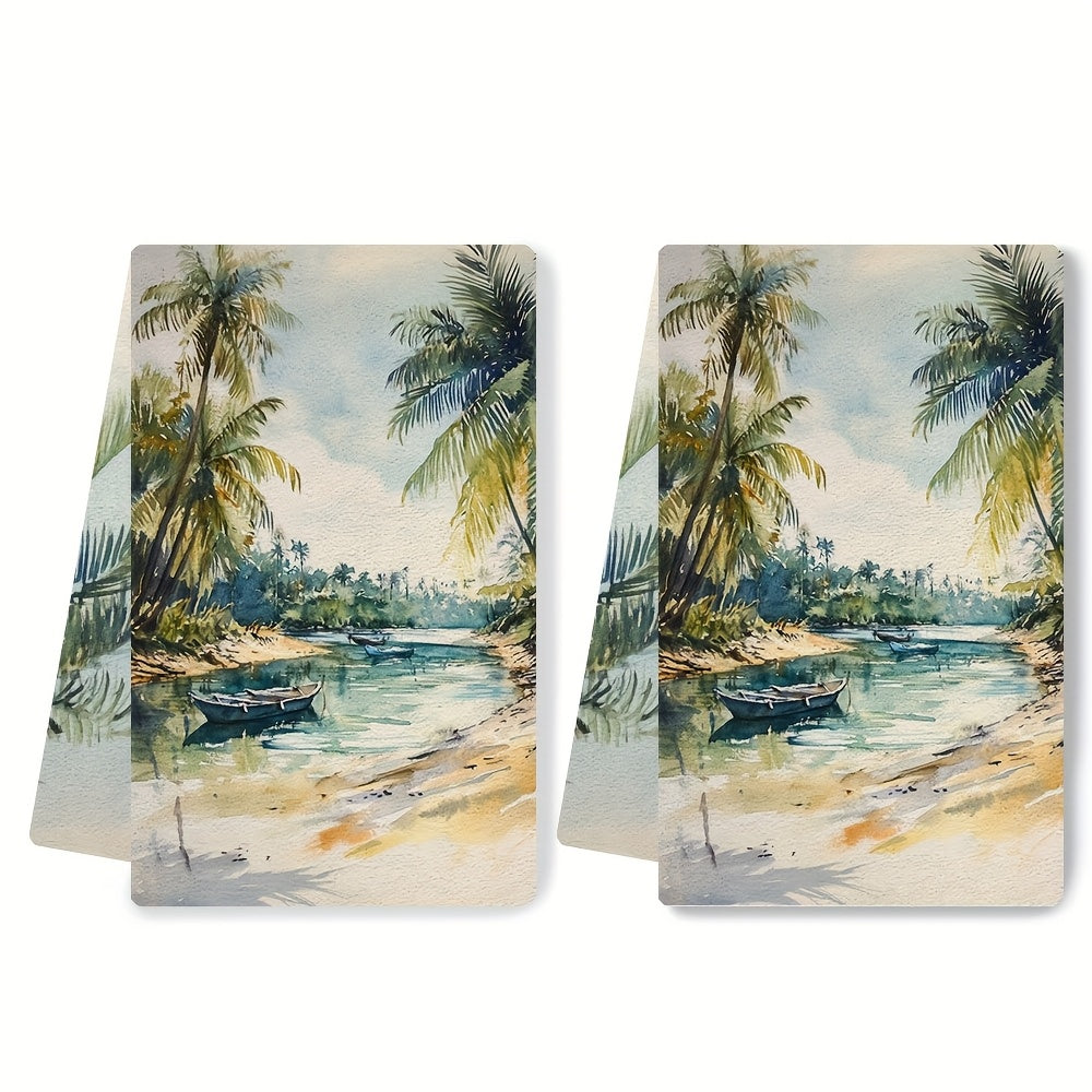 Two pieces of Tropical Lagoon Kitchen Towels made from super absorbent polyester knit fabric. Machine washable with a contemporary coastal style. Each towel measures 40.64x60.96 cm. Item number: 2KYSYS1218413.