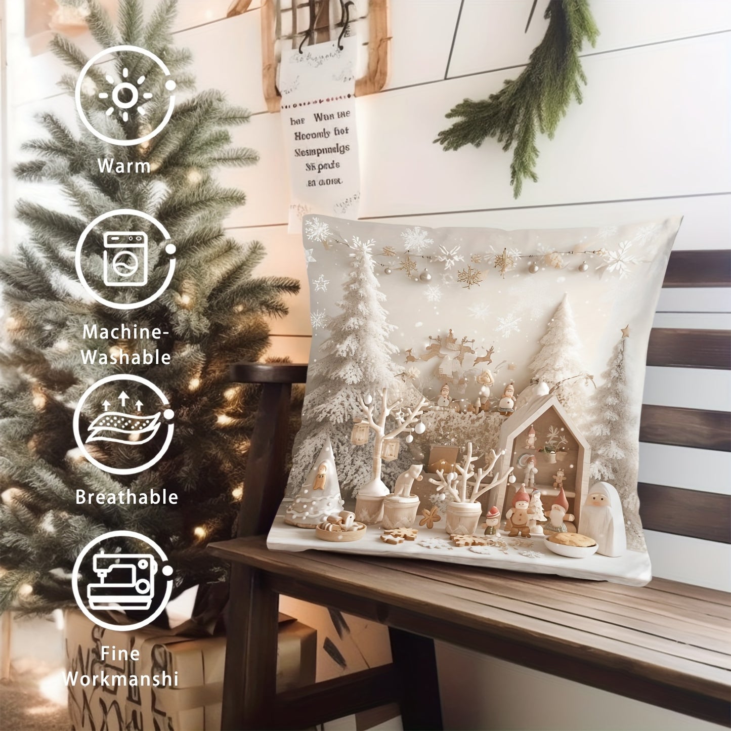 Contemporary style 1pc throw pillow cover with snowy trees and festive snowmen pattern, made of 100% polyester woven fabric. Digital print on single-sided, with zip closure. Hand wash only. Versatile room decor, 43.18x43.18 cm. (Insert not included)