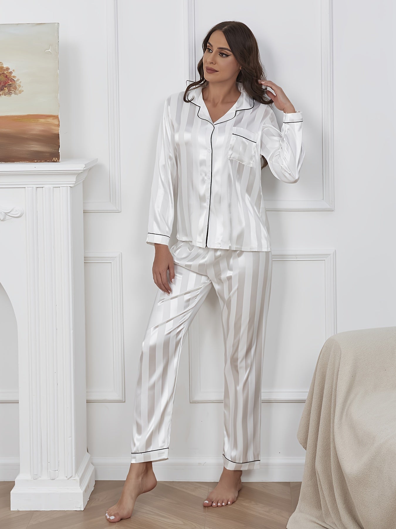 Women's satin pajama set with jacquard stripes, includes button-up top and elastic pants, machine washable, large striped design.