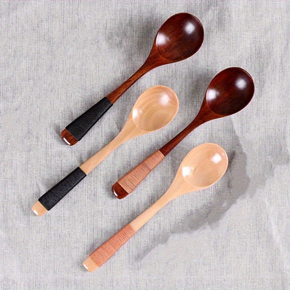 4-piece set of wooden spoons for mixing and serving soup, coffee, dessert, and other foods, suitable for use in restaurants and at home parties.