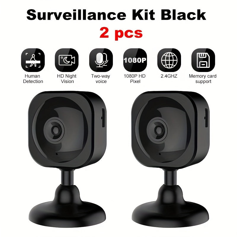 Smart Home Surveillance Camera Kit includes 2 security cameras with 1080P HD resolution, WiFi connectivity, two-way audio, night vision, and motion detection. It is USB powered and allows for remote viewing, making it ideal for home security, monitoring