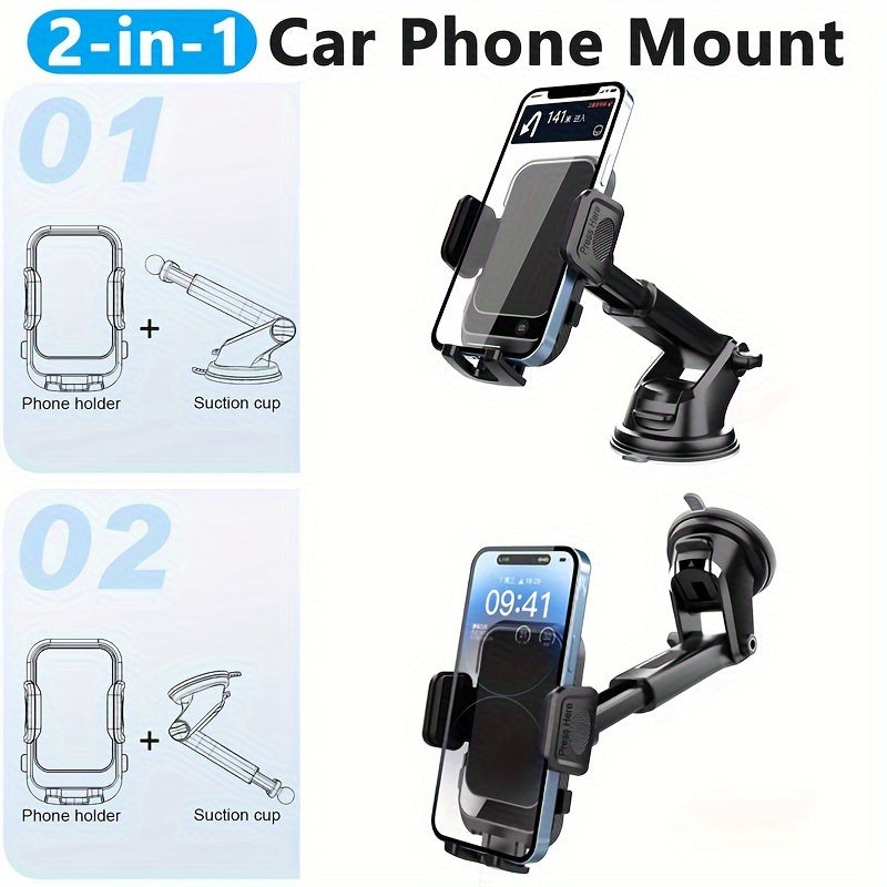 Universal car dashboard phone holder with adhesive gel pad and suction cup bracket for vehicles. Made of PVC material.