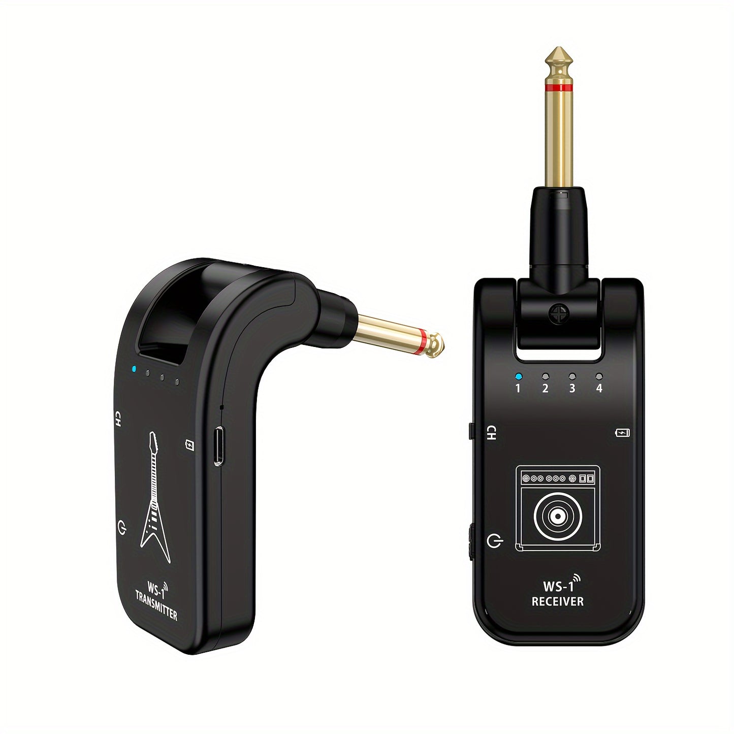 Black 2.4GHz wireless guitar system, ABS material, compatible with electric and bass guitars