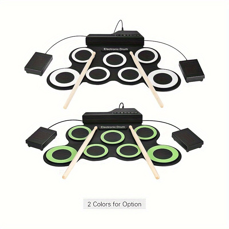 Compact, foldable electronic drum kit for beginners features USB MIDI output, headphone jack, metronome, and power-saving design, but no built-in speaker.