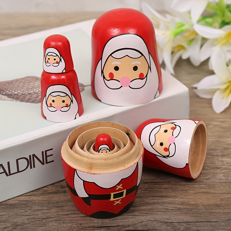 Handmade wooden Santa nesting dolls for kids, perfect for holidays.