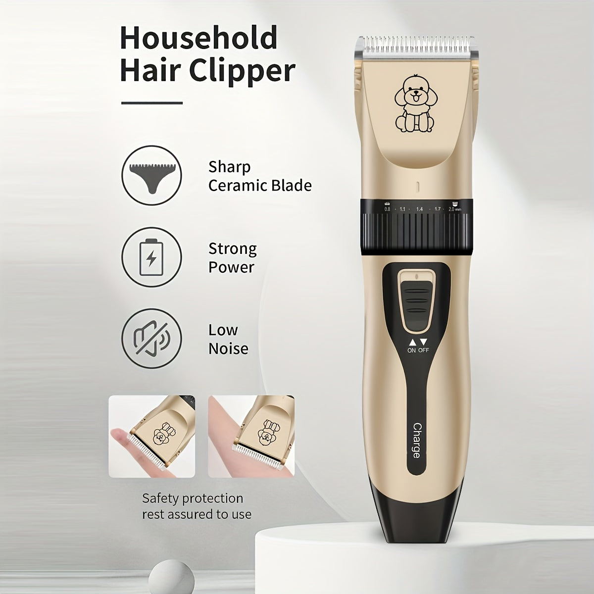 USB rechargeable pet grooming clipper with low-noise, professional clippers suitable for all pet sizes and hair lengths. Uses lithium 18650 battery and works on cats, dogs, and human hair.