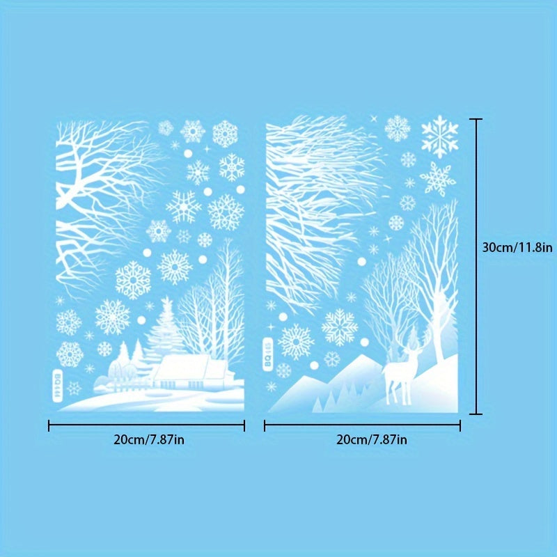 Transform your home into a cozy winter wonderland with 56 pieces of window decals featuring static cling snowflake, forest, and wooden cabin stickers. Perfect for Christmas, Hanukkah, Thanksgiving, and New Year decorations. Made of plastic, these