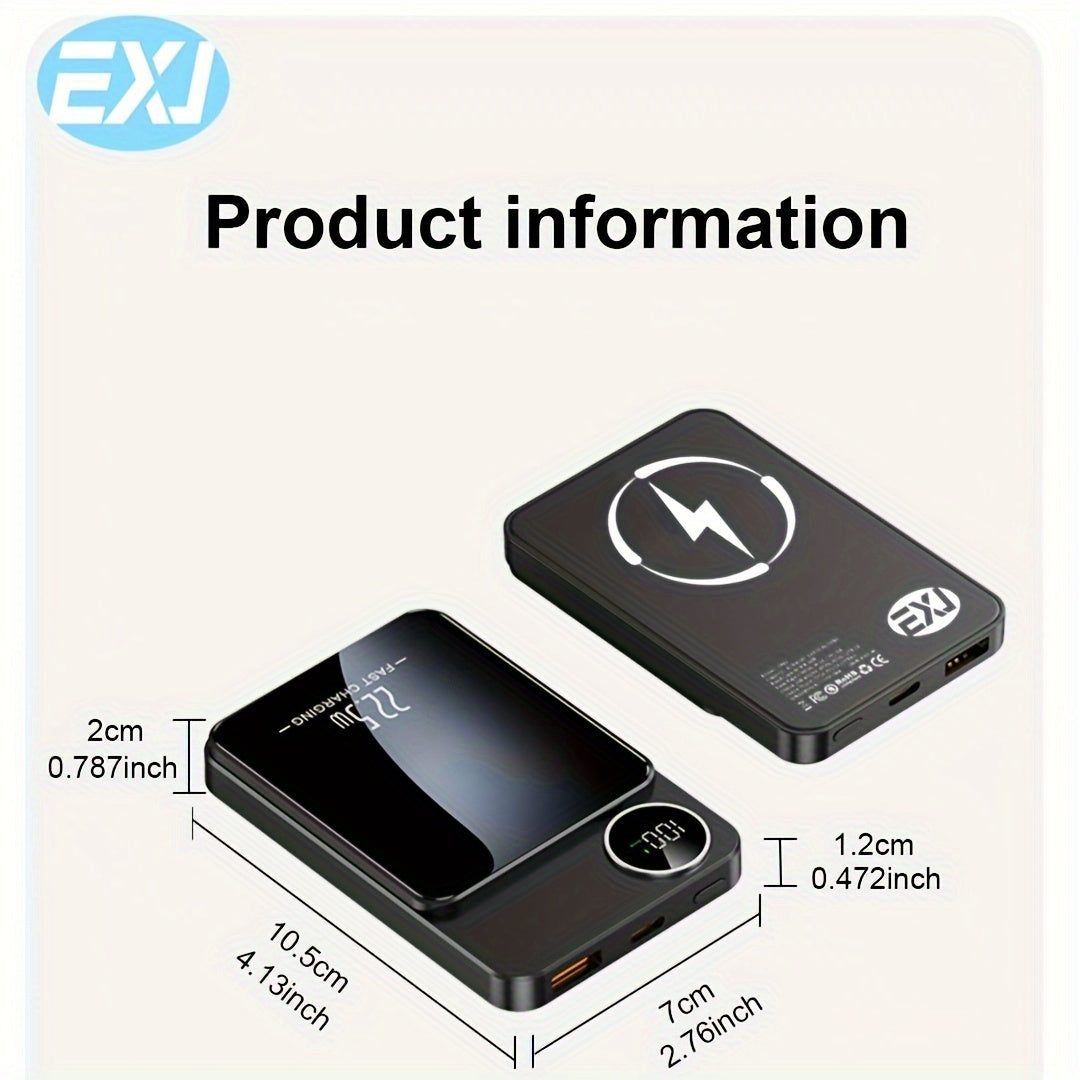 EXJ PD 22.5W Magnetic Power Bank, 10000mAh Wireless Portable Charger with USB-C Cable LED Display, Mag-Safe Battery Pack for iPhone 12 and newer, with fast charging.