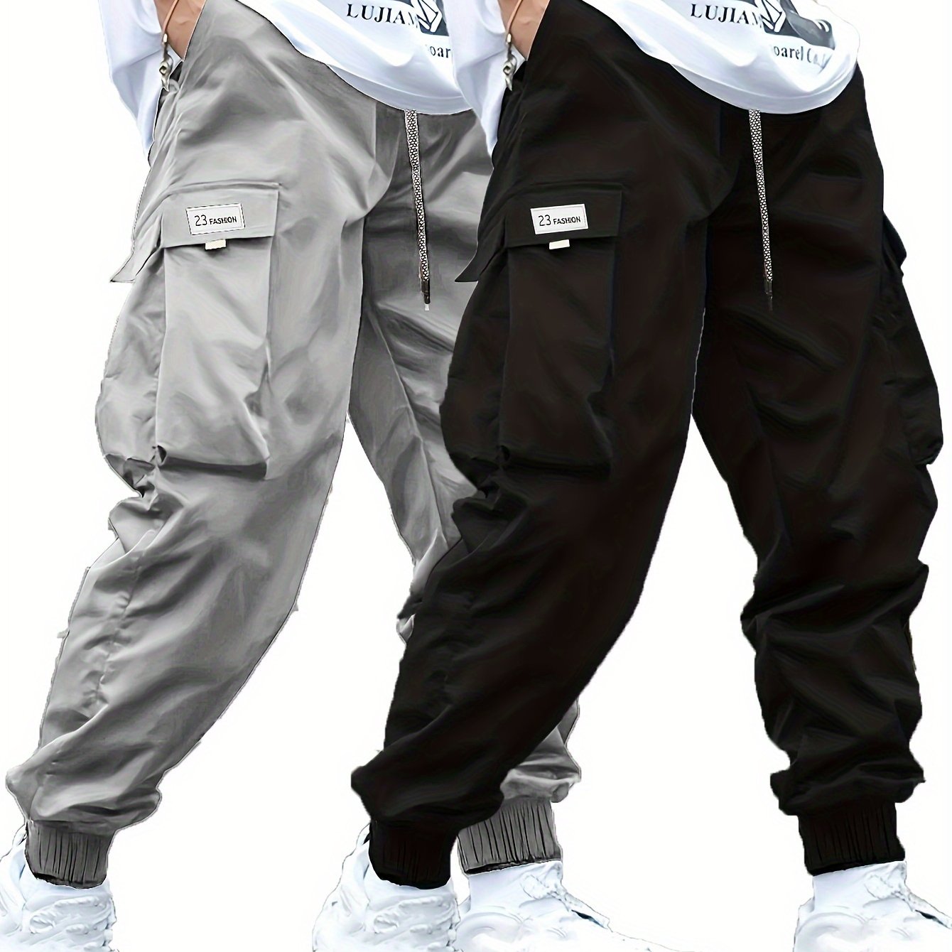 Set of 2 men's plus size cargo pants with athletic and casual style, featuring trendy pockets.