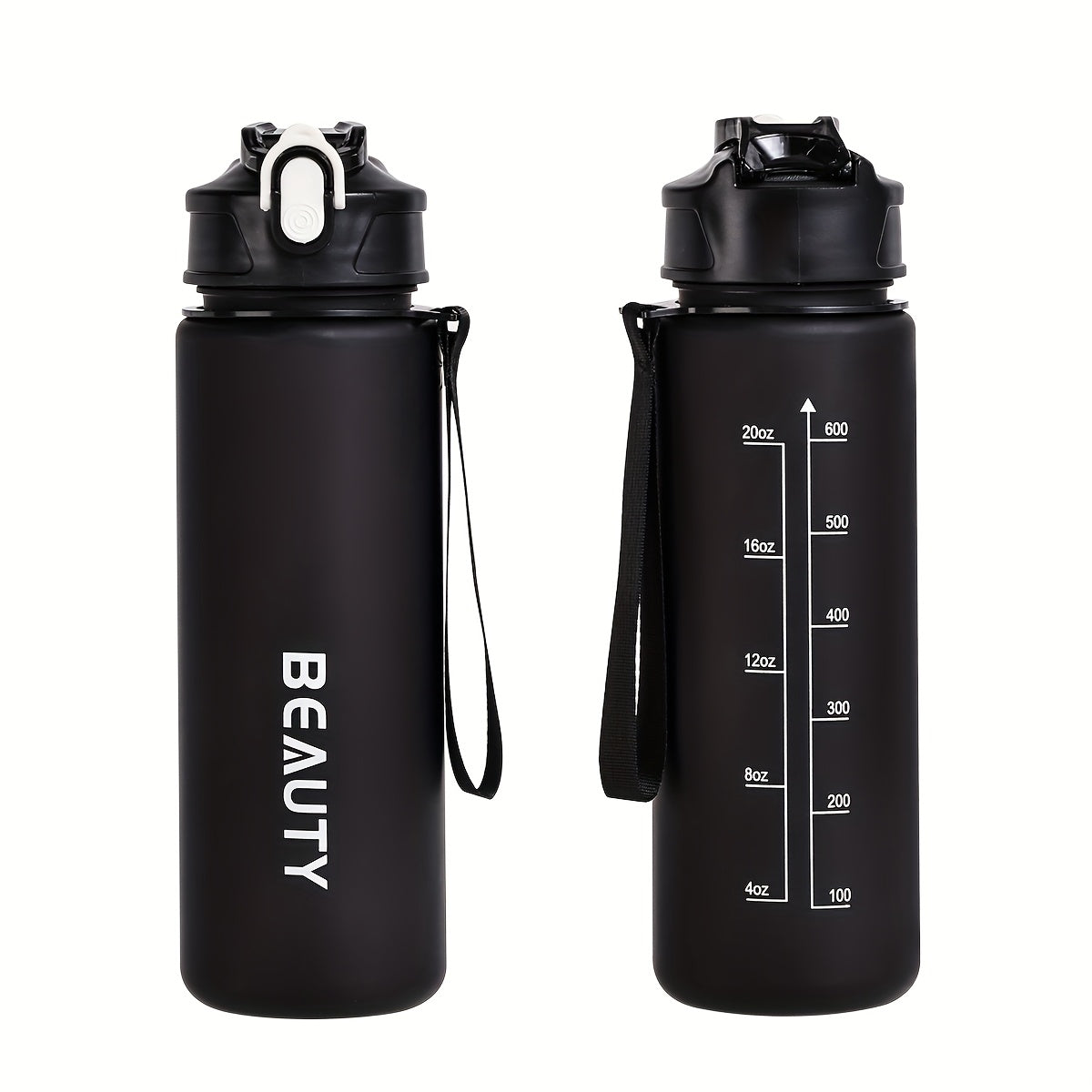 Durable, lightweight, and portable frosted plastic water bottle with scale for outdoor sports and office use.