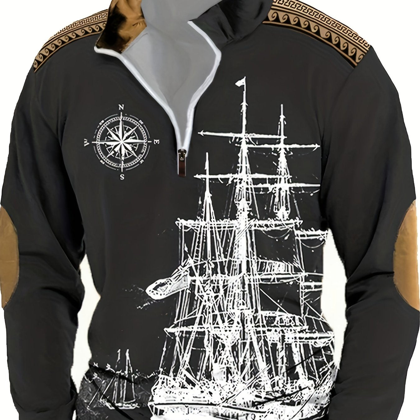 Men's vintage nautical ship print Henley sweatshirt made of 100% polyester with lapel collar, zipper detail, and loose fit. Great for fall/winter casual wear.