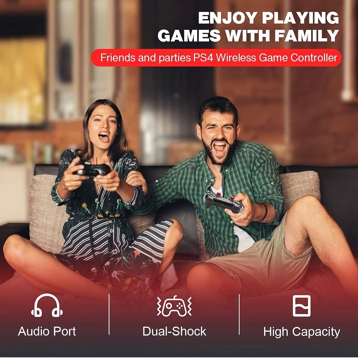 Wireless PS4 Controller with Dual Vibration, 6-Axis Controls, 3.5mm Audio Jack, Multi-Touch Pad, Red & Black Design. Compatible with PS4/Slim/Pro/PC/ios/Android/Tablet/Steam. Perfect for