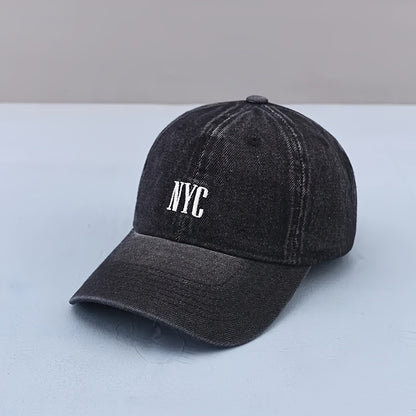 Casual-style denim baseball cap with embroidered NYC logo, adjustable unisex fashion hat for outdoor activities.