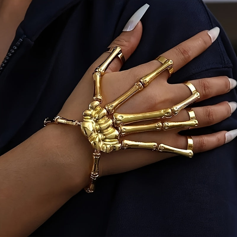 One piece of fashionable punk skull hand bone versatile five-finger adjustable stretch ring bracelet with a chain, embodying gothic and punk styles.