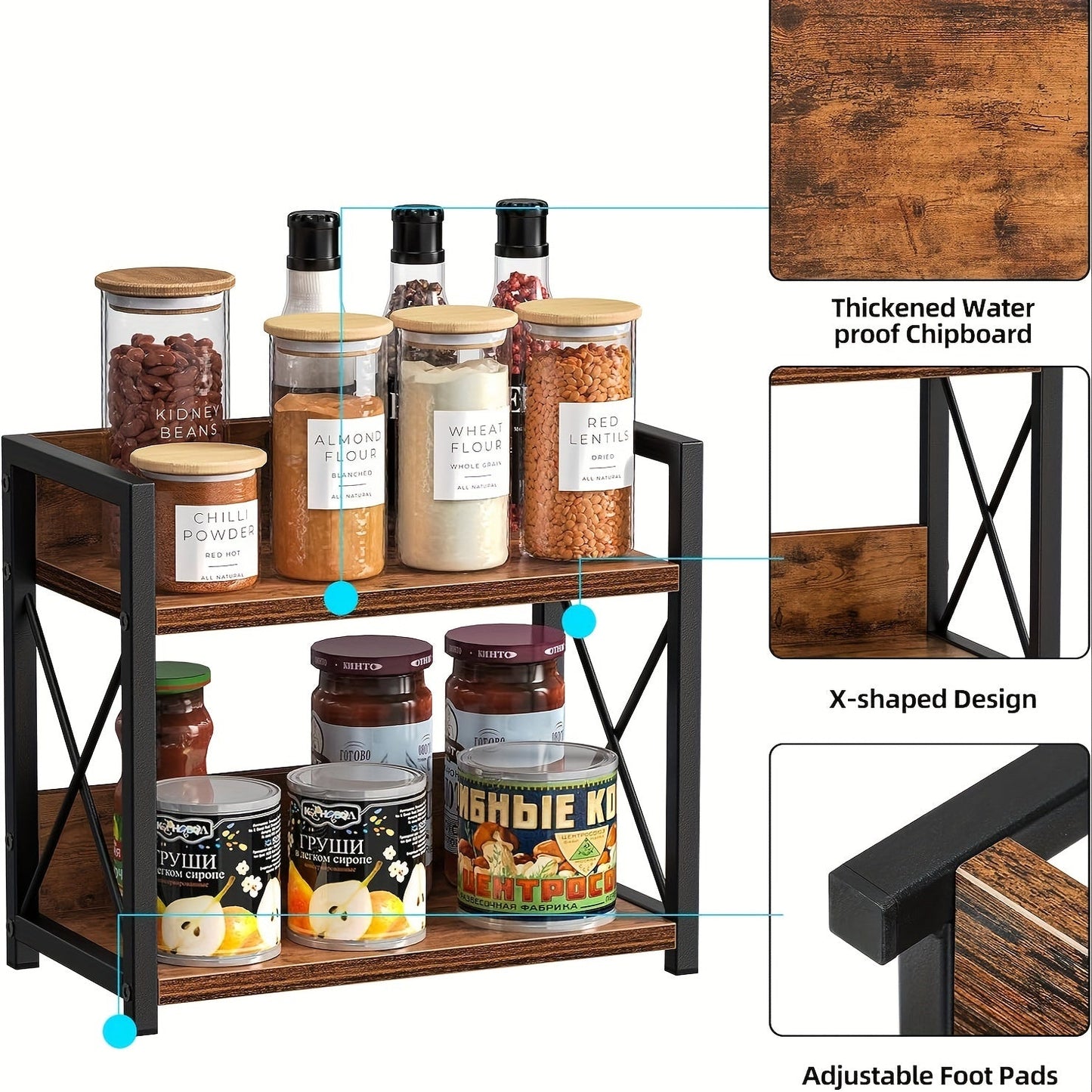 Wood and metal spice rack for kitchen with open design, Rustic Brown 2-Tier Countertop Organizer perfect for Coffee station storage shelf.