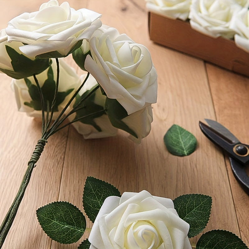 25 artificial ivory roses with stems for DIY wedding decor and party supplies, perfect for bouquets, centerpieces, and holiday ornaments.