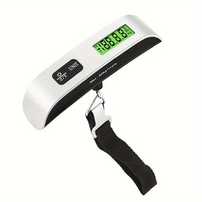 Compact and portable digital luggage scale featuring LCD display, with a 50kg/110lb capacity and metal body. Powered by button battery for accurate weighing of travel suitcases, includes battery for convenience.