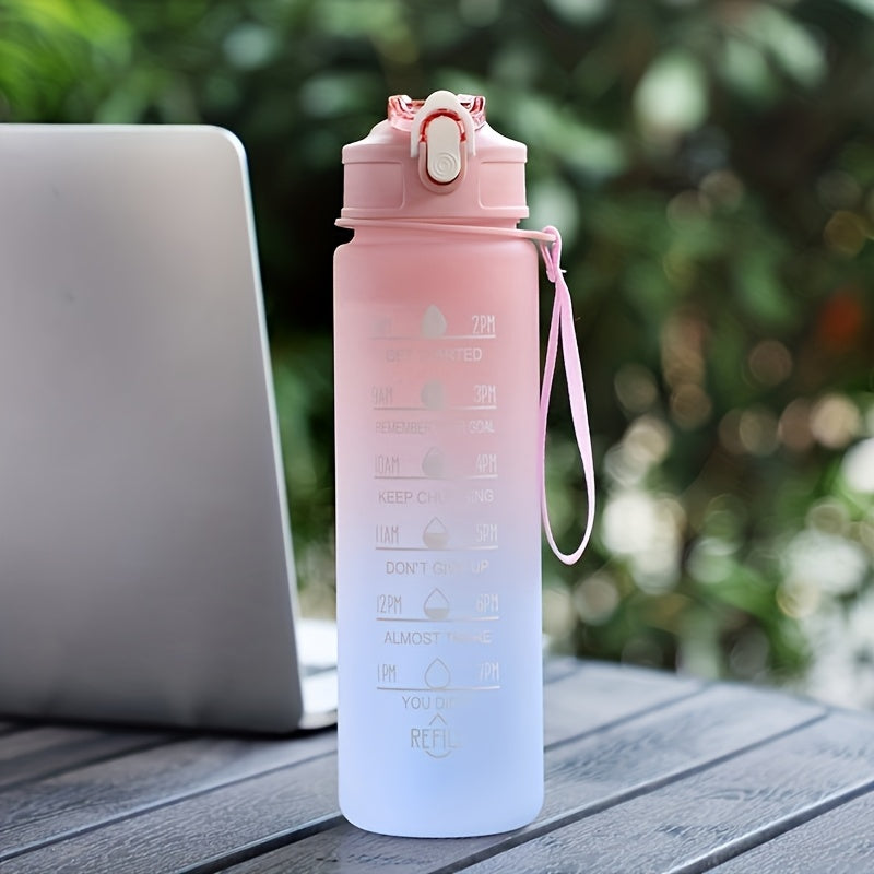 Motivational gradient water bottle with straw, time marker, and carrying strap - BPA-free, leakproof sports cup for fitness activities.