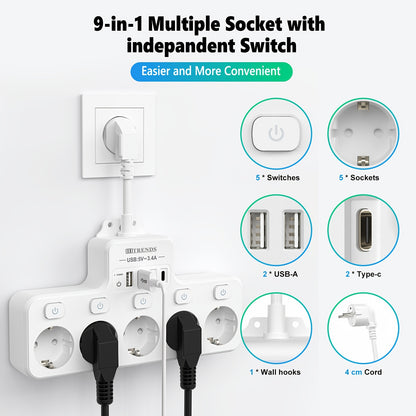 9-In-1 power strip with USB, 5 EU sockets, 2 USB-A and 2 USB-C ports, flexible cable sockets, wall-mounted design, ideal for home, kitchen, office, and travel.