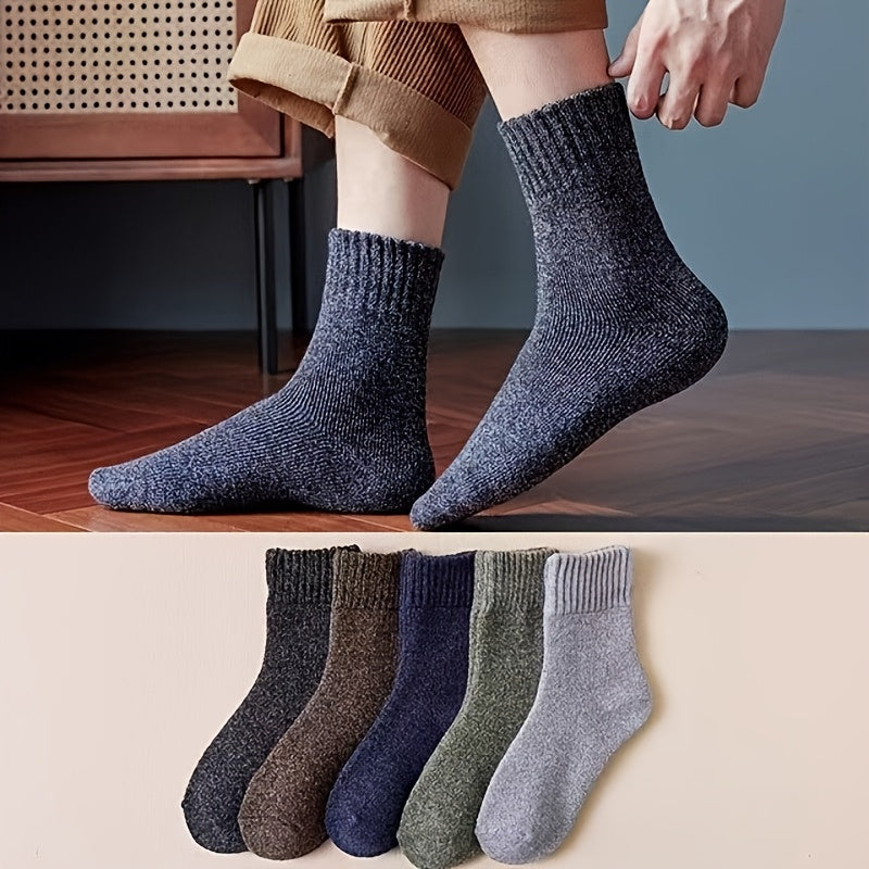 3 or 5 pairs of men's thick warm terry crew socks in solid colors for winter