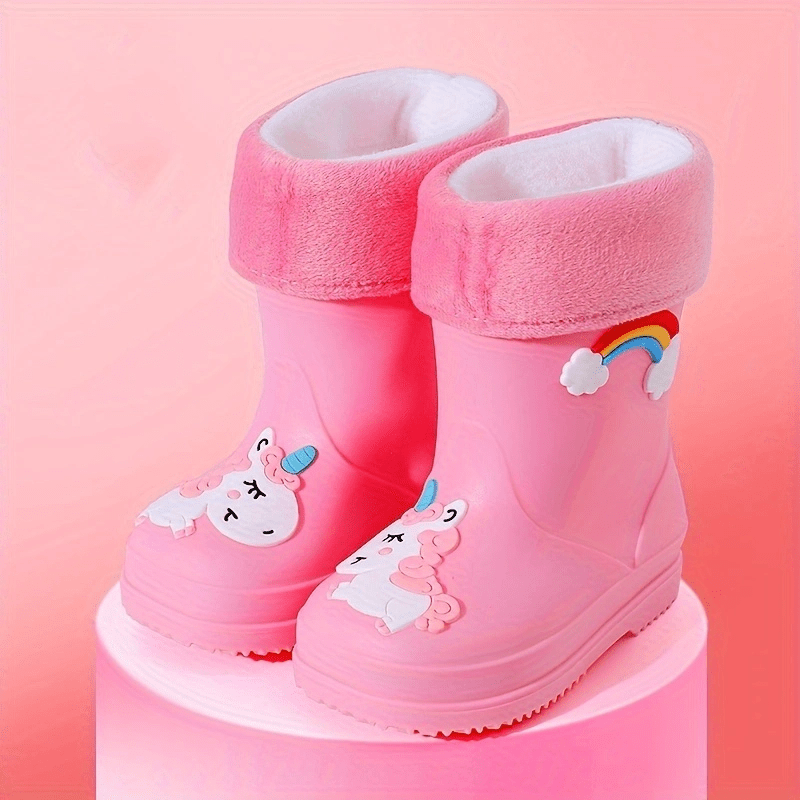 2024 Upgraded Youngsters' Plush Rain Boots - Unicorn & Rainbow Design with Warm Fleece Lining, Durable PVC, Slip-On for Boys & Girls - Ideal for Outdoor Adventures, All-Season Wear