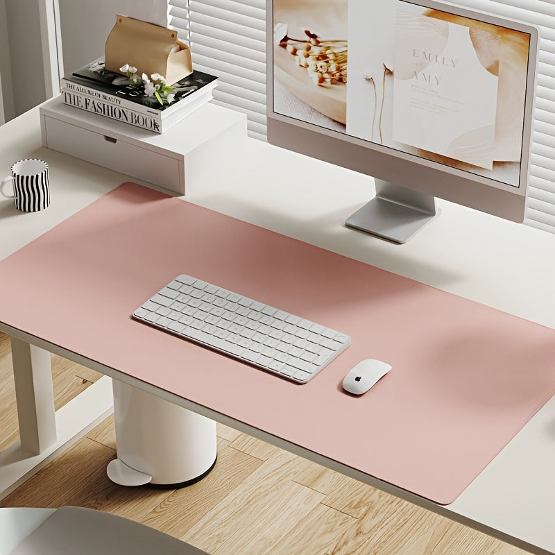 Waterproof faux leather desk mat for office use, non-slip and solid color with mouse pad & keyboard protector.