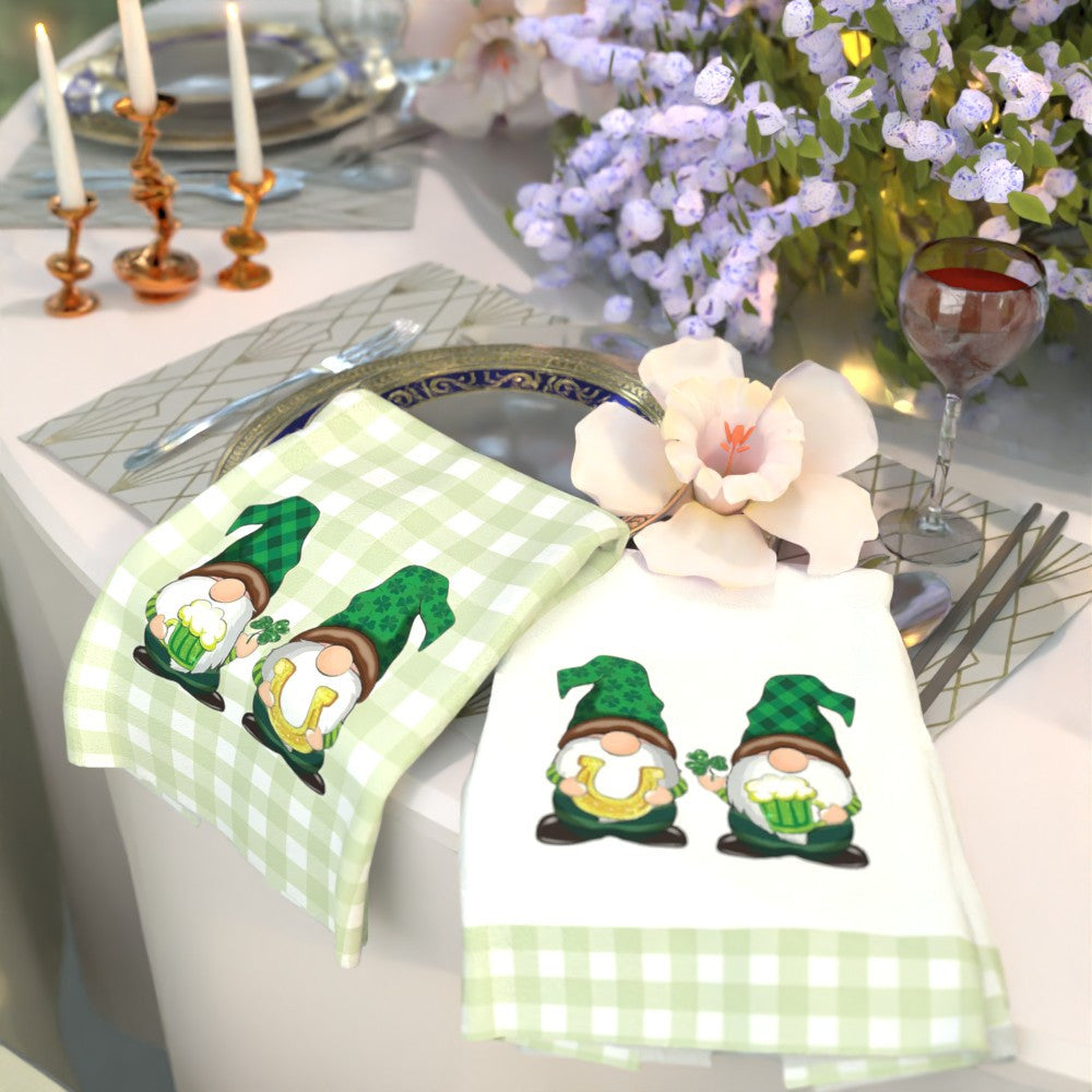 Two whimsical gnome St. Patrick's Day kitchen towels are included in this set. They measure 45.72x66.04cm and are made of soft, quick-dry, and highly absorbent polyester material. The decorative tea towels feature a green checkered background, perfect