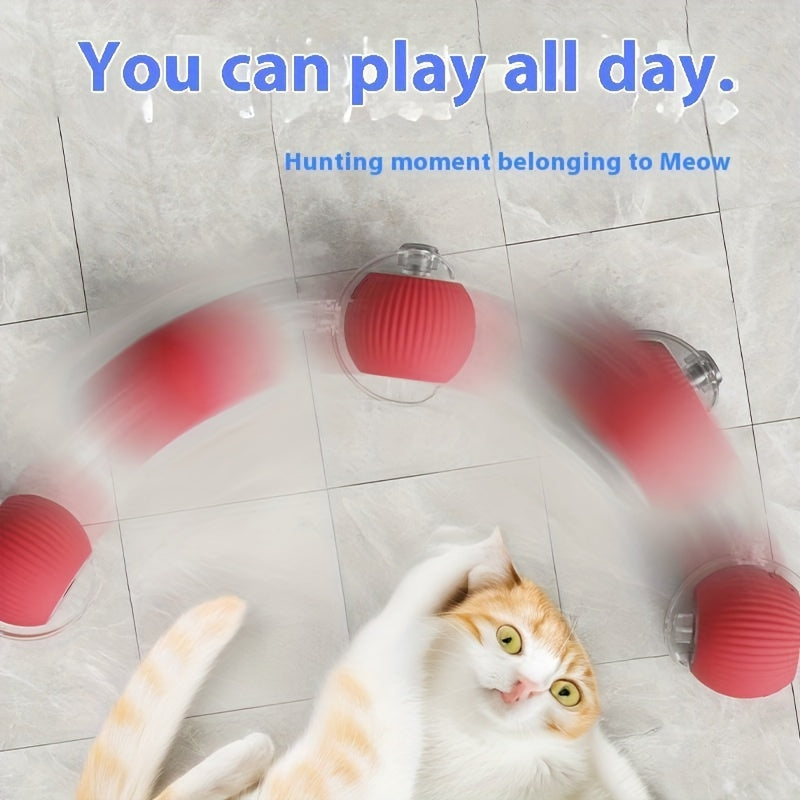 TOOP USB Rechargeable Interactive Cat Toy Ball with Tassel Stick - Automatic Self-Rotating Silicone Teaser for Indoor Cats, Red Ribbon Design for Playful Training and Exercise.