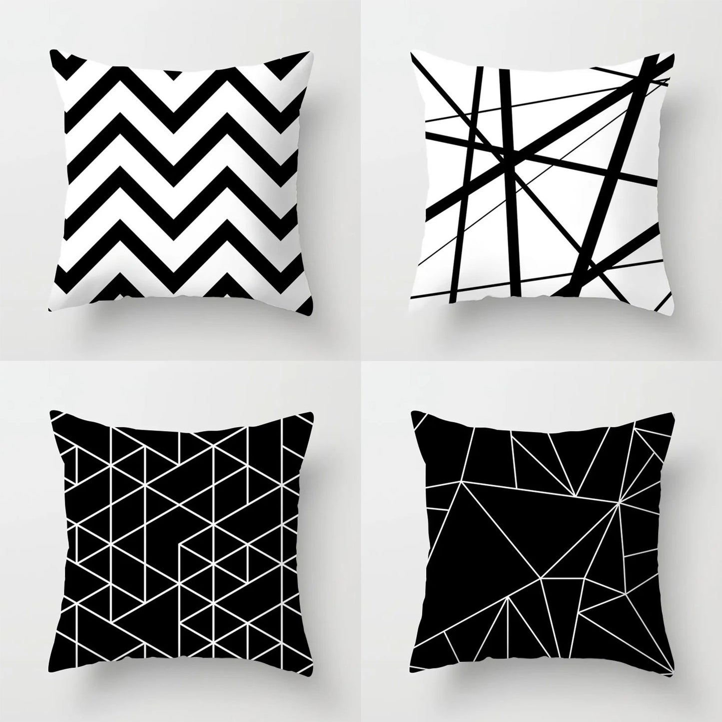 Black & White Geometric Stripe Pillow Covers - Square Polyester, Zip Closure, Hand Washable - Set of 1 or 4