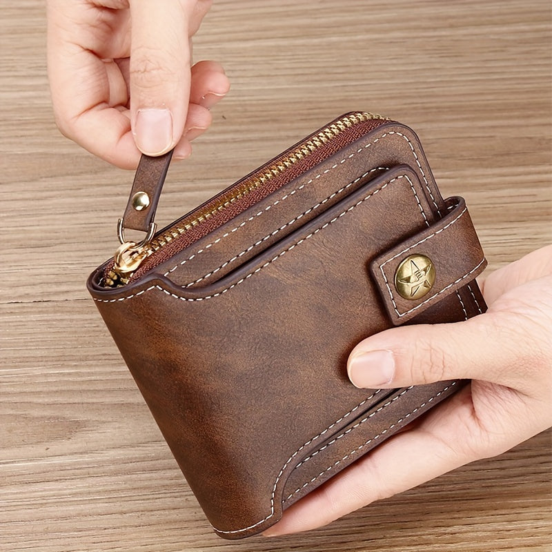 Men's small PU zipper bag with button decoration, credit card holder, and bifold design.