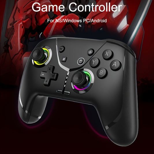 Versatile wireless game controller with vibrant RGB lights, dual motors, 6-axis gyro, customizable buttons, long-lasting battery, ergonomic design, durable build.