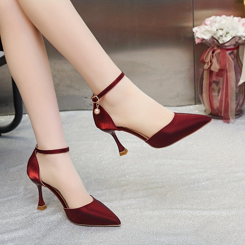 Women's elegant satin pointed toe high heels with ankle strap, perfect for evening events and weddings.