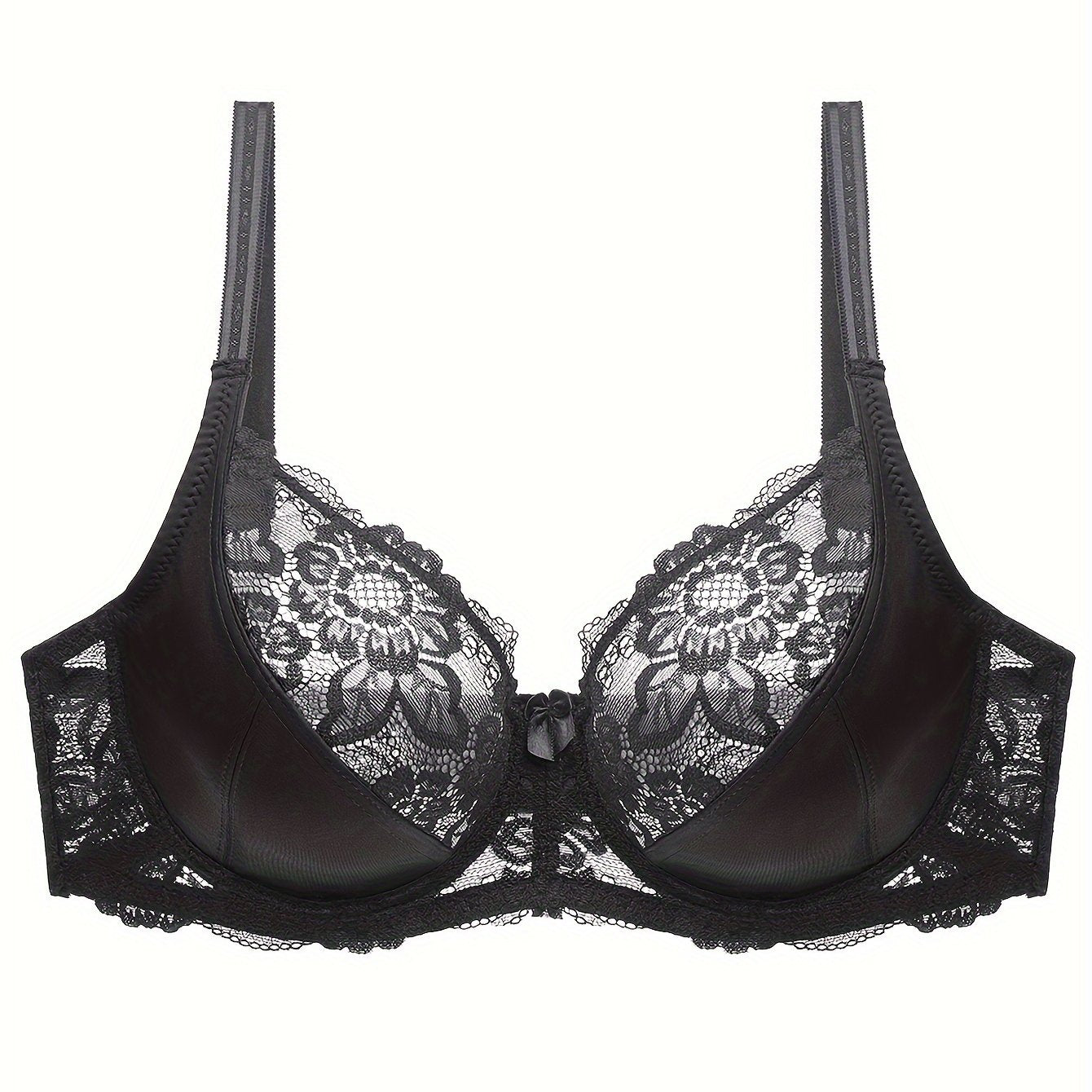 Elegant plus size bra with bow decor and contrast lace, underwired and non-padded.