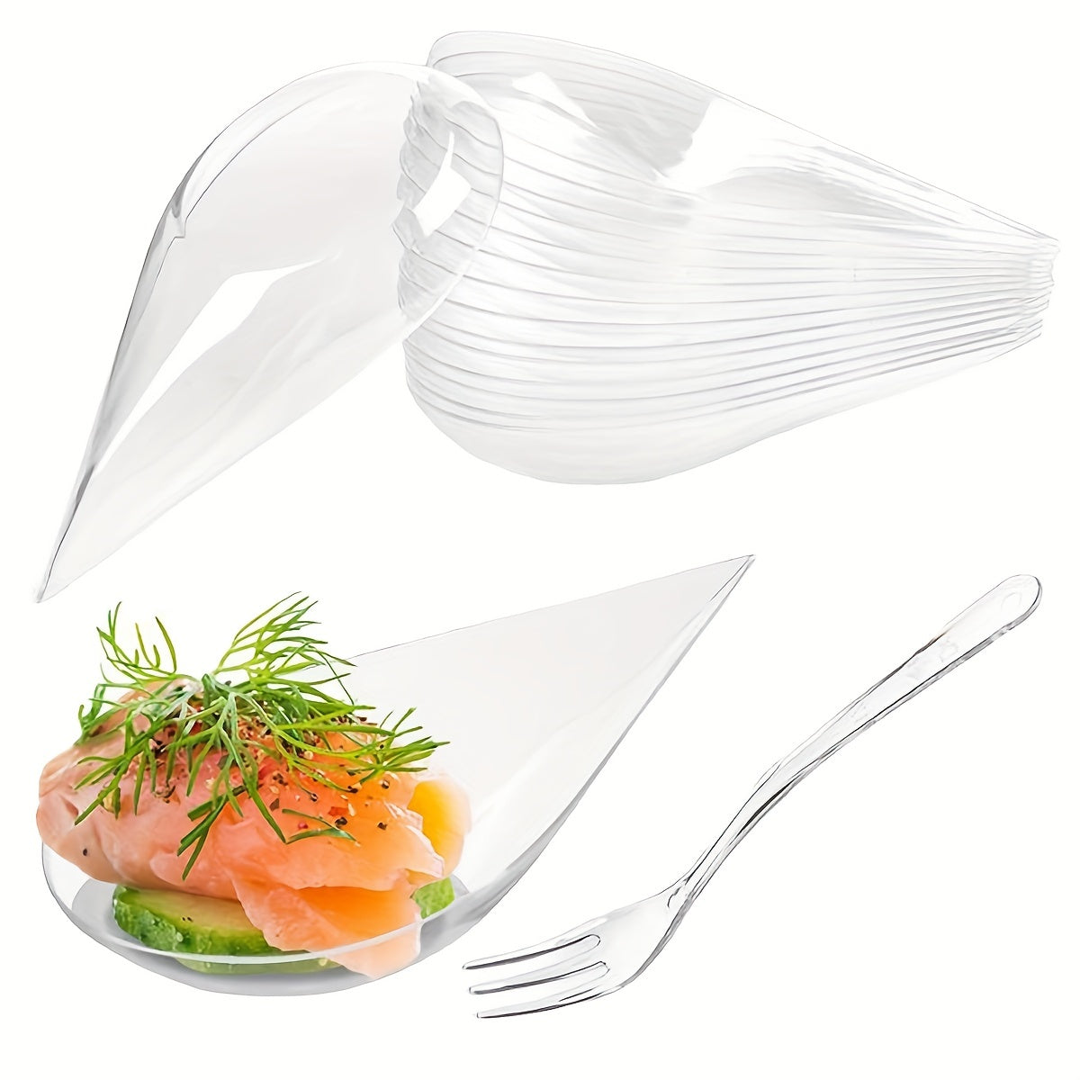 A set of 50 or 100 pieces of 10.16 cm mini appetizer plates and tasting forks, made of clear plastic. Ideal for serving appetizers, banquets, dinners, desserts, and tasting spoons in a teardrop shape.