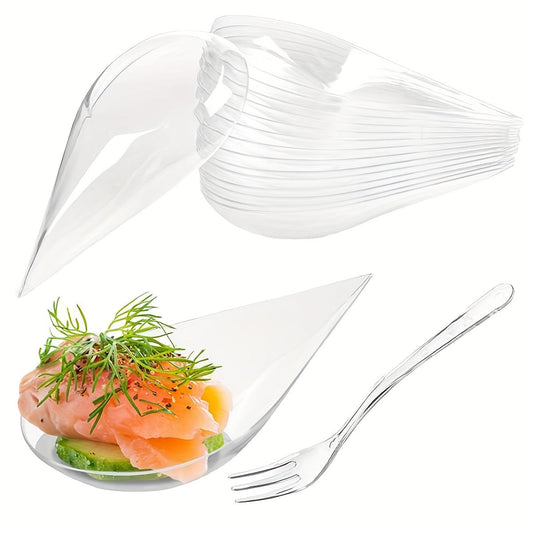 A set of 50 or 100 pieces of 10.16 cm mini appetizer plates and tasting forks, made of clear plastic. Ideal for serving appetizers, banquets, dinners, desserts, and tasting spoons in a teardrop shape.